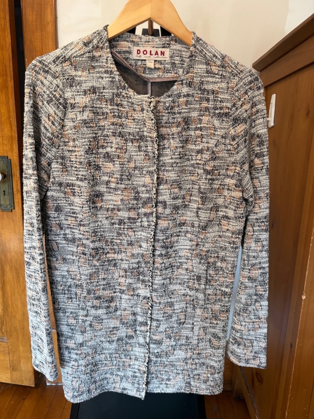 Dolan Leopard Print Tweed Open Front Cardigan Blazer in Gray and Beige